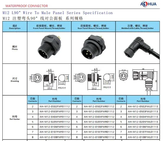 Ahua 2 3 4 Pin Panel Type Male Female Waterprofo Right Angle Connector